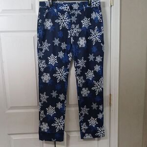 Snowflake print blue and white festive holiday winter dress pants Sz M (34) NWT